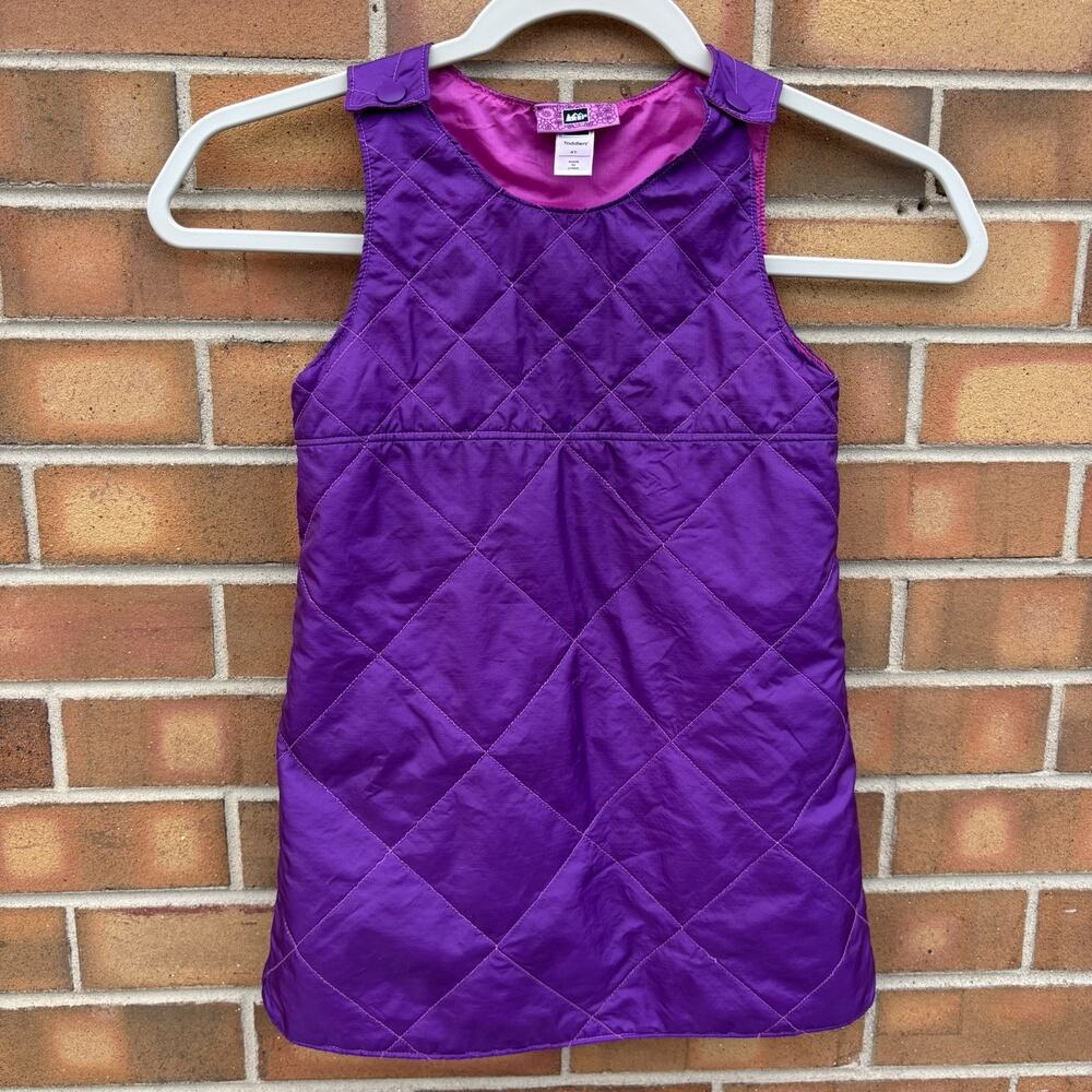 REI Girls 4T Purple Quilted Puffer Tank Sheath Jumper Dress Button Straps Camp